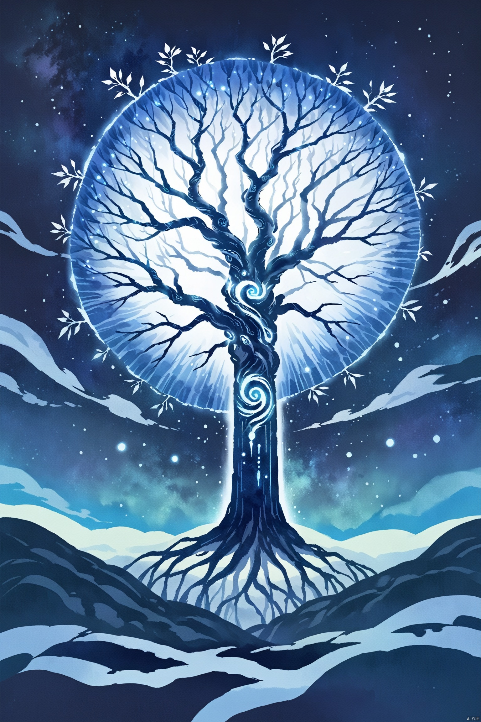 A majestic tree of life with glowing blue roots, branches reaching out to the stars and sky above it, shimmering white leaves. The background is a dark night with faint lights from distant worlds. A magical glow emanates from within the trunk, creating an aura that illuminates its surroundings. In the style of game concept art, with an anime style, vibrant colors, high contrast, sharp details, and detailed textures.