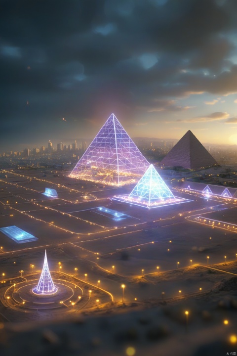 Reimagine an ancient civilization with a twist of futuristic technology. Think of pyramids powered by neon lights, sphinxes with holographic projections, and bustling marketplaces where ancient customs meet modern innovation. hyper-realistic, hyper-detailed, 32k
