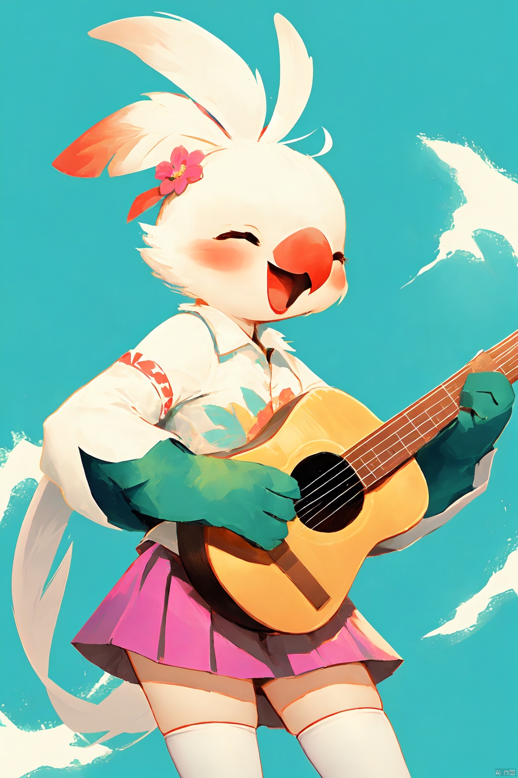 Cockatiel\(IP\) , solo, guitar, long_hair, blue_eyes, instrument, skirt, thighhighs, smile, detached_sleeves, frills, :d, holding, hair_ornament, hair_flower, flower, gloves, open_mouth, electric_guitar, very_long_hair, black_thighhighs, looking_at_viewer, ahoge, bare_shoulders, white_gloves, purple_skirt, crop_top, pink_skirt, pleated_skirt, midriff, white_shirt, shirt, single_thighhigh, holding_instrument, white_hair, bangs, long_sleeves, white_sleeves, hair_bow, bow, frilled_skirt, blush, asymmetrical_legwear, 