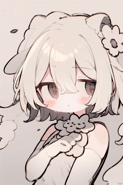 1girl, solo, flat color, best quality, detailed, upper body, looking at viewer, hair between eyes, white hair, hair flower, elbow gloves, jewelry, petals, white flower, greyscale, daisy