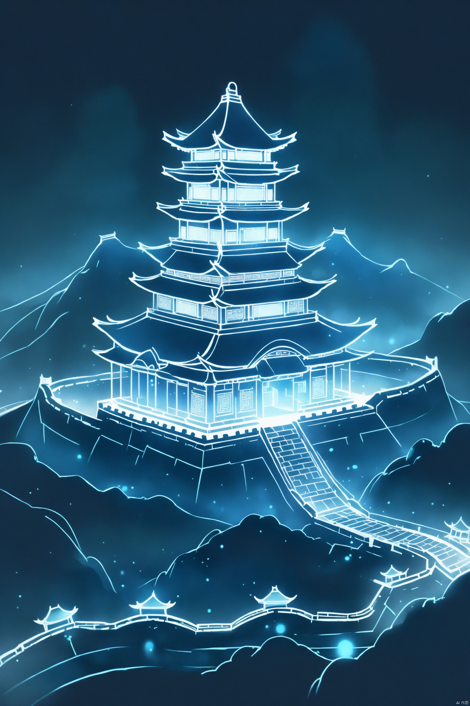 A wireframe hologram of the Great Wall （aerial view）with glowing blue lines forming intricate patterns around its iconic structure against an isolated dark background. The design showcases detailed architectural details and features, creating a visually stunning representation of ancient Chinese architecture. This digital artwork is perfect for creative projects that need to convey both historical significance and futuristic technology, in the style of 8k