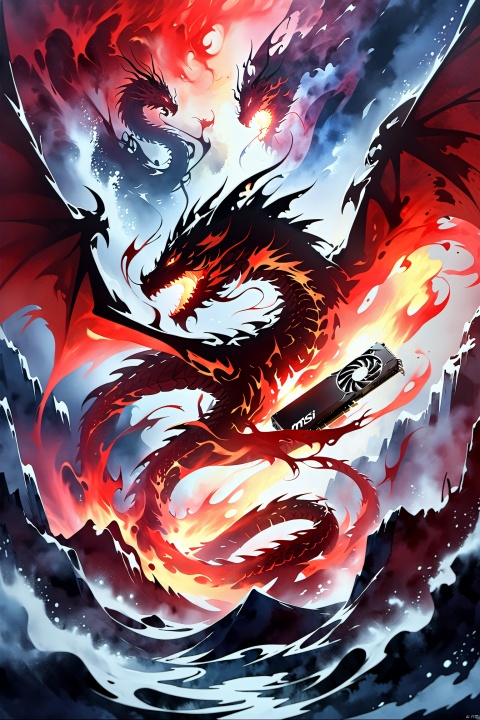  MSI\(Monon\),MSI graphics card,dragon,fantasy,Detailed complex chaotic seascape red burning light mysterious silhouette of dragon, Illustration, watercolor, Animated Spliced Reality