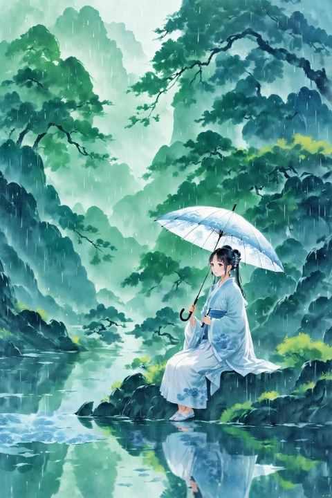 A man in a white Hanfu stands on the flowing riverbank, holding an umbrella and watching his wife sit under the umbrella in a light blue outfit to shield her from the rain. Illustrated with a romantic river view, soft colors, high resolution, high details, delicate brushstrokes, natural lighting, peaceful atmosphere, ancient China, with a background of green trees, drizzle, high-definition details, depth of field effect, ink painting, texture frosting, diffuse gradient, romantic ancient style, excellent light and shadow, color curves