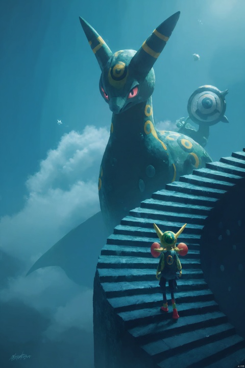 score_9, score_8_up, score_7_up, score_6_up,Pokémon fan art,Pokemon Rayquaza,good background,anime,Endless Steps, Climbing stairs, CG, stairs, a head in the clouds, a large, scary, Pokemon Rayquaza creature in the distance
