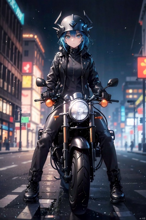  China-Chic style, Cyberpunk style, girl riding motorcycle and handsome dragon body, super cool. The background is a bustling urban night scene, with motorcycles running on the highway.The girl is wearing a black leather jacket and a black helmet, with the dragon body flashing blue neon lights and the tail emitting flames. Full of dynamism, vivid colors, and a futuristic feel., 1girl,Future Combat Suit