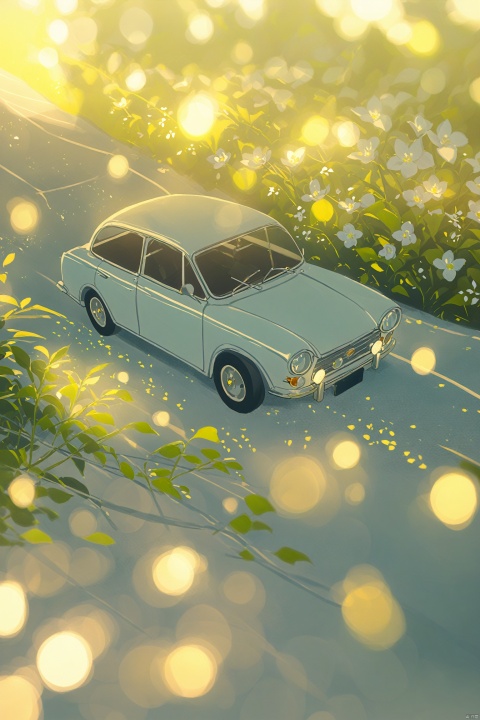  a car line art, flowers around, line art stick, bokeh effect, light dots