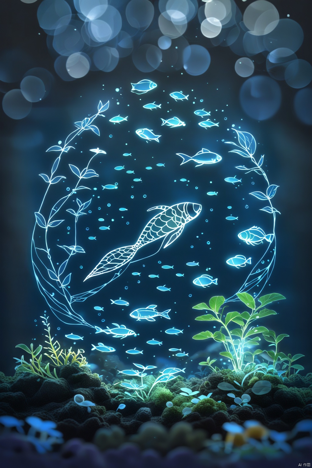 A wireframe hologram display of deep-sea fish, with glowing blue lines outlining various species’ contours and features against an isolated dark background. Lines weave into complex patterns showing bioluminescence and ecological traits. This piece showcases the details and vitality of deep-sea life in a visually stunning presentation. Perfect for projects blending the mystery of history with modern technology style, 8k
