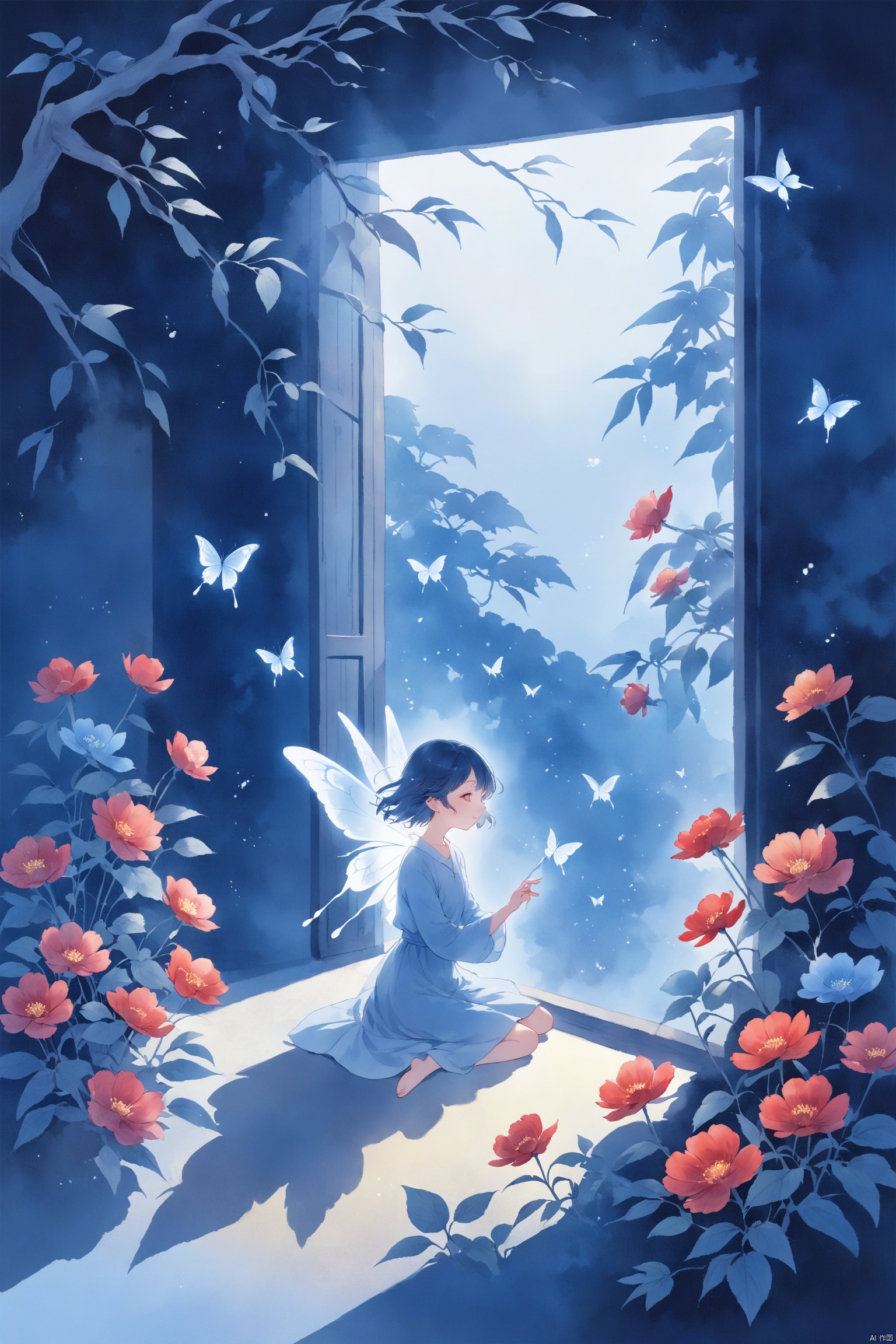 A fairy with wings, sitting on the edge of an open window next to flowers and plants in different colors. The background is a white curtain blowing gently in the style of a strong wind. In front there's another figure wearing red , holding up his hand as if showing something to him. A colorful butterfly flies around them. This scene has soft lighting and a dreamy atmosphere, reminiscent of whimsical children book illustrations or storybook pages. at night