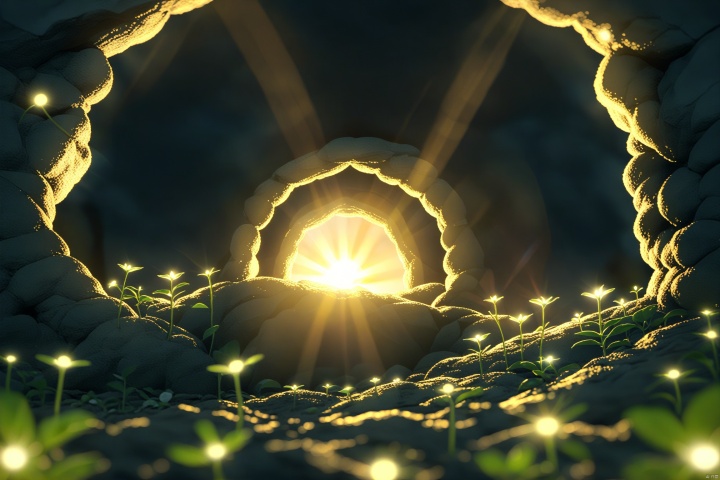  cartoon,inside the cave, inside the cave, opened in the ceiling A small flower illuminated by the rays of light coming through the hole, distant view