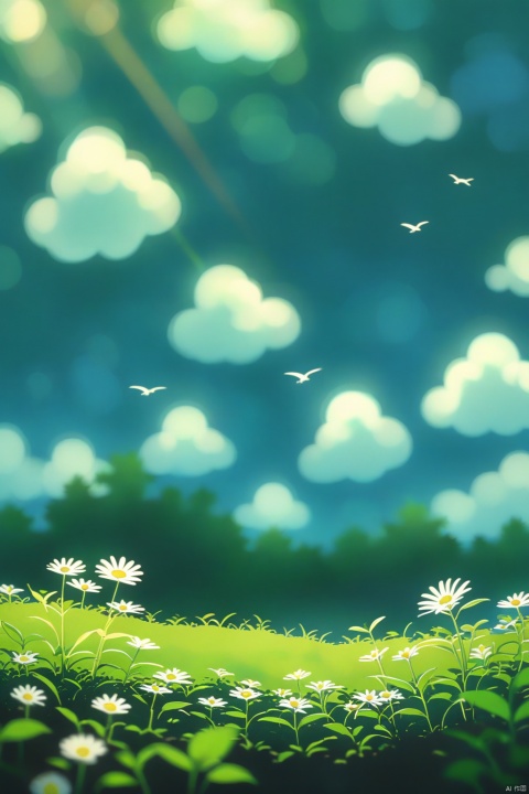 A bus in the distance on green grass, blue sky, in the style of Hayao Miyazaki and Studio Ghibli, anime style, 90s anime style, retro studio style, retro style, cel shading, white daisies, white clouds, birds flying in the background, high resolution, sharp focus, no blur, no noise, masterpiece, full frame,8k