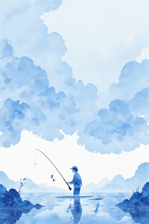  blue theme,Tie dyeing,fishing,Minimalist style with plenty of white space