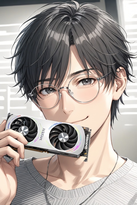 solo, looking at viewer, blush, smile, short hair, shirt, black hair, 1boy, Holding a graphics card, closed mouth, upper body, male focus, glasses, indoors, necklace, black eyes, realistic, (masterpiece)