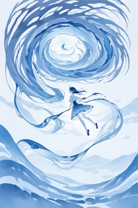 A surreal blue gouache painting with thick lines of girl, in the style of minimalist flowing surrealism, masterpiece