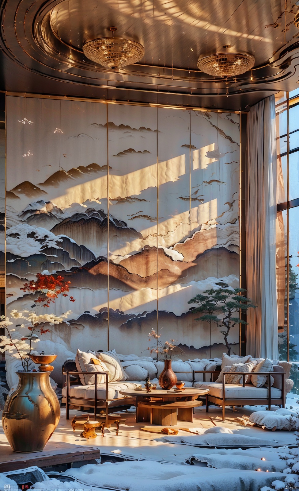  Dream homes, modernist style, bed, pillows, flowers, vase, table, sofa, books, flower pots, ornate ceiling lamp, table lamp, chair, curtains,panoramic glass window with snow-covered mountains outside, morning sunlight pouring through the window onto the floor, shadows, Lao Chen, Rock buildings