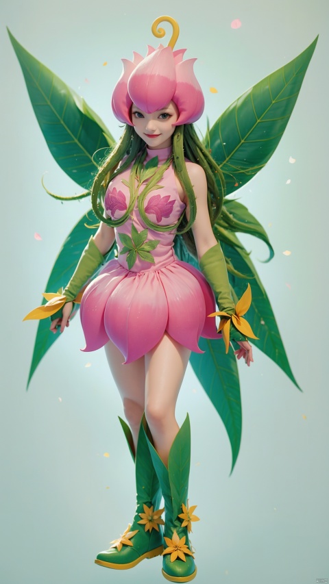  masterpiece,best quality, highly detailed, lilimon,1girl, solo, green wings, digimon (creature), gloves, smile, green footwear, traditional media, boots, flower, monster girl, plant, leaf, dress, simple background, full body,yuzu, gradient, 1 girl, 80sDBA style