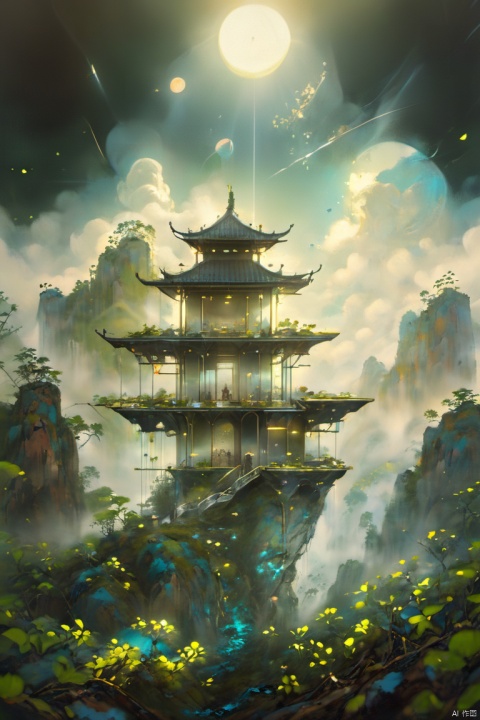  A house floating in the sky, made of glass and silvery metal, suspended above a utopian paradise reminiscent of Zhangjiajie's mountains., Cyberpunk Fantasy