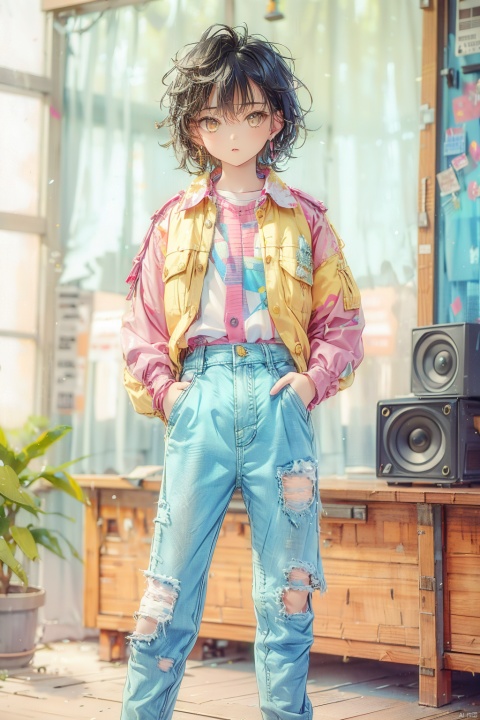  ((Masterpiece)), ((Best Quality)),80sDBA style, 1girl, solo, looking at viewer, short hair, brown hair, shirt, long sleeves, brown eyes, jewelry, standing, jacket, parted lips, open clothes, striped, pants, bracelet, torn clothes, feet out of frame, denim, instrument, pink shirt, yellow shirt, jeans, blue pants, pink jacket, print shirt, torn pants, speaker, torn jeans