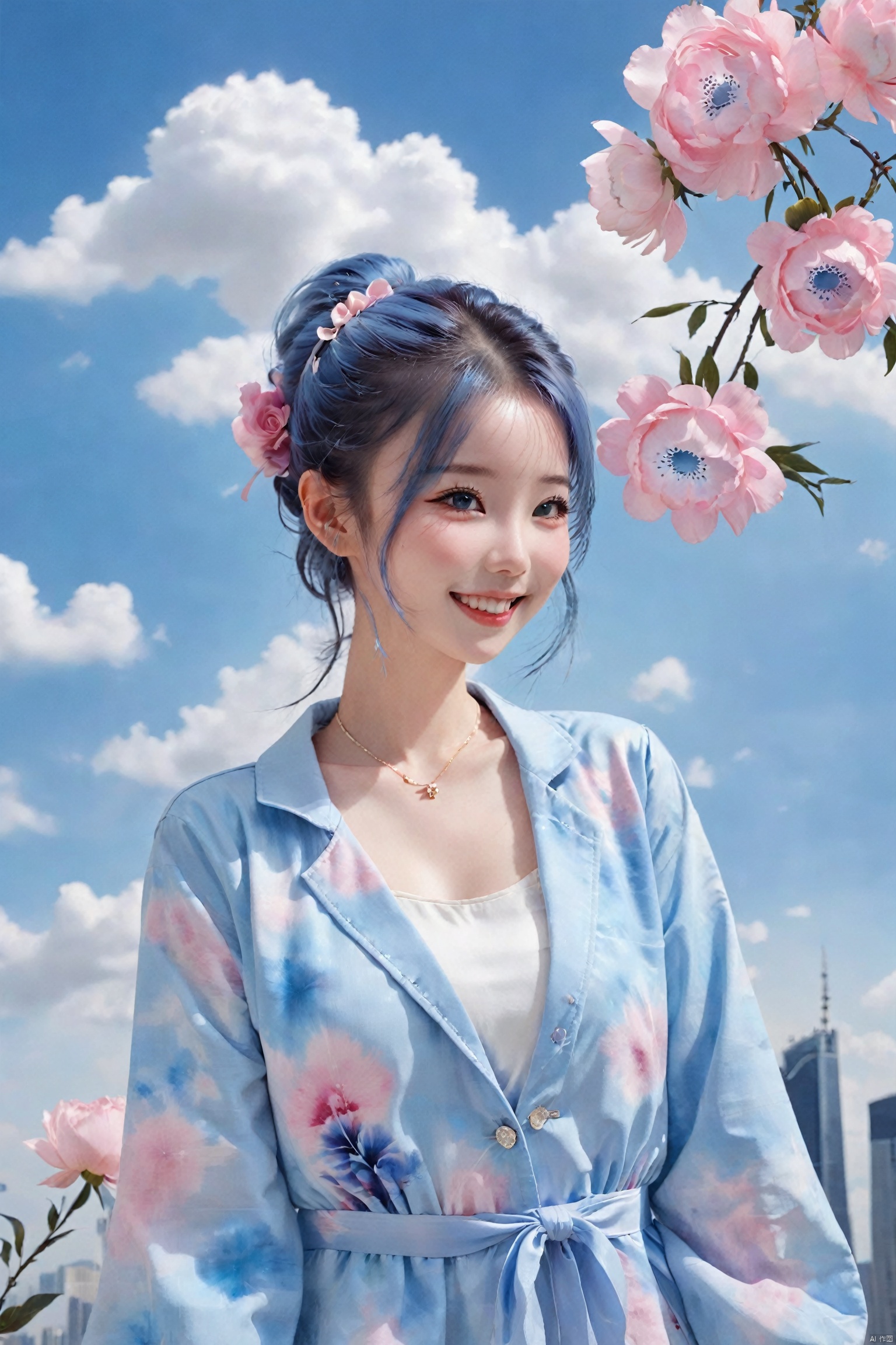  pink hair, blue theme,Tie dyeing,tie dyeing style,loli,petite,long hair, Jacket,high ponytail,collared shirt,hair flower,fipped hair,floating hair,Frown,hands in pockets,dress,bowtie,(solo),sky, skyline, skyscraper, smile, solo,flower