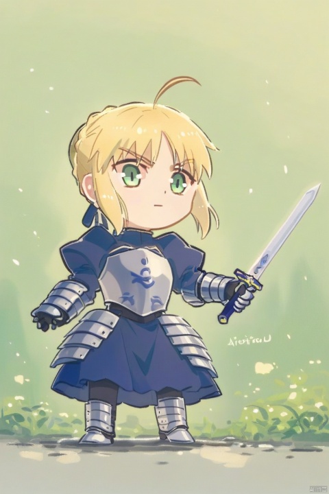 chibi, score_9,score_8_up,score_7_up, 1girl, artoria pendragon \(fate\), solo, saber, blonde hair, weapon, holding sword, armor, ahoge, green eyes, dress, armored dress, gauntlets, excalibur \(fate/stay night\)