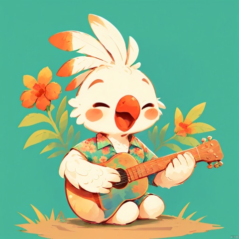  Cockatiel\(IP\), masterpiece, best quality, 
solo, smile, open mouth, shirt, holding, sitting, full body, closed eyes, flower, short sleeves, heart, no humans, ^ ^, bird, floral print, happy,red flower, instrument,music, guitar, playing instrument, green background, hawaiian shirt, acoustic guitar, simple drawing