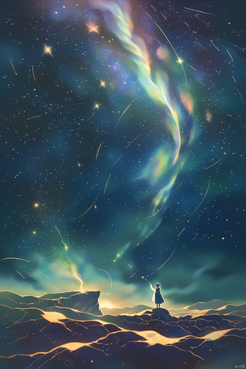 Shinkai Makoto style, a whimsical digital illustration of a solitary figure standing on a cliff overlooking the vast starry sky. The figure has a wistful expression, his hair blown by the wind and his robe flowing. The sky is filled with rotating galaxies and constellations, creating a fantastic atmosphere. Bright colors, ethereal lights