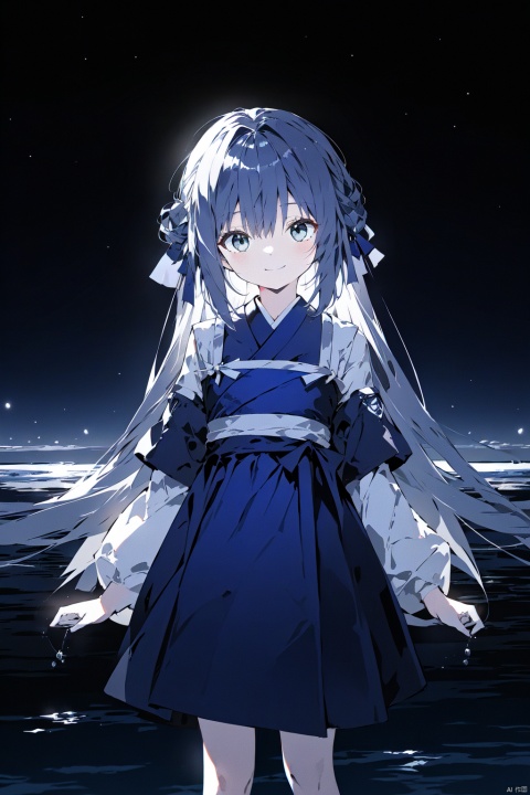 Under the shining stars, an 18-year-old girl, dressed in a blue tie dye dress and Hanfu, with a bright smile on her face, stands in the soft and flowing off white clouds, reflecting a dreamlike scene. The dynamic composition, interweaving of aquatic elements, harmonious design, cinematic lighting, ultimate clarity, meticulous complexity, layered chromaticity and 32K resolution, soft light and shadow, Zeiss lens