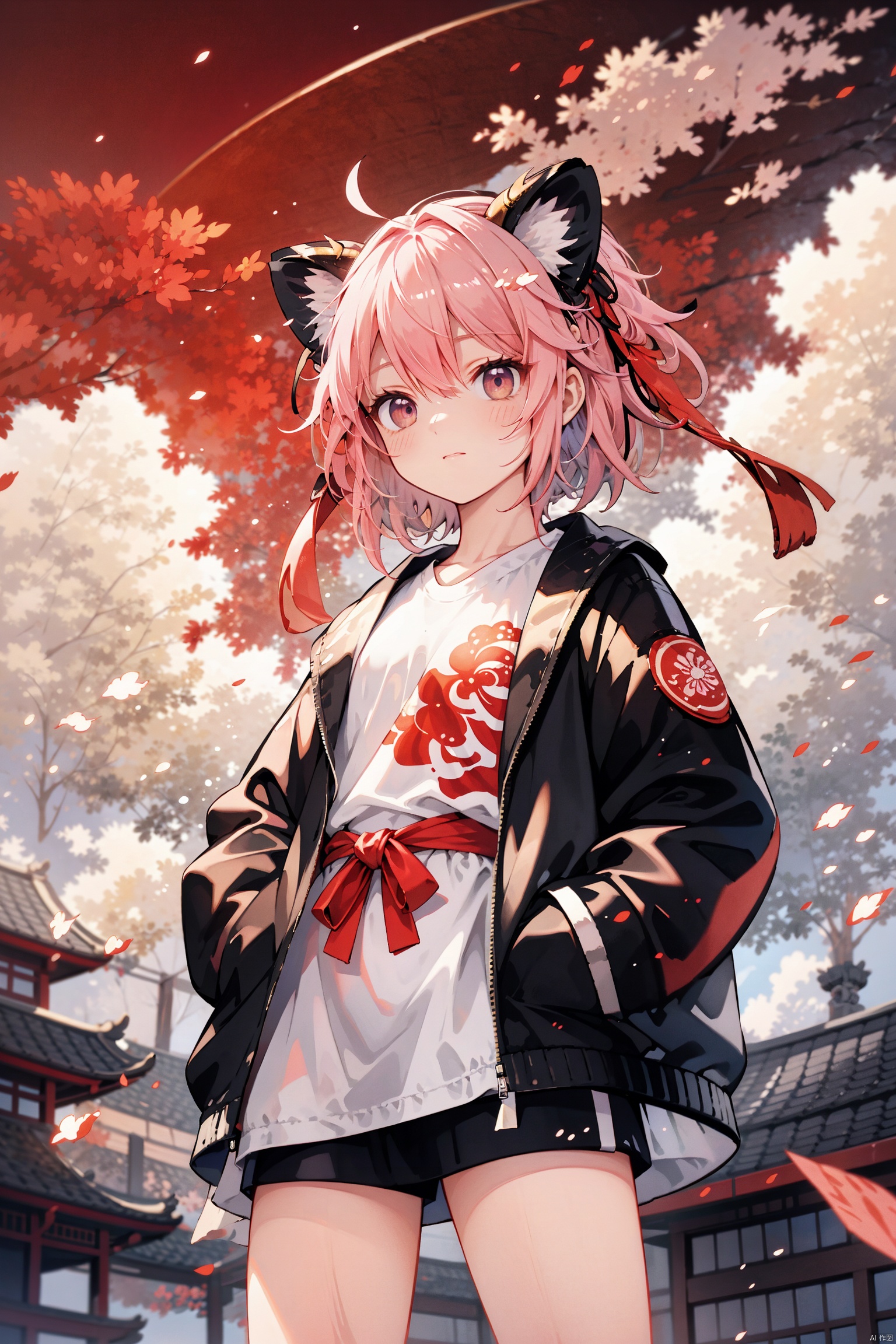  (pink hair),wavy hair,disheveled hair, messy hair, long bangs, hairs between eyes, floating hair,solo,++++loose clothes,(white t-shirt:1.2),(black open jacket:1.2),hands in pockets,loli,petite
, (eastern dragon:1.2), Chinese dragons_ink and wash styles_misty clouds_ancient paintings_flames,cityscape,sky,fireworks,print jacket,thighsm,,from below,chinesedragon,中国龙,机甲,高达, Chinese lion dance, cutegui