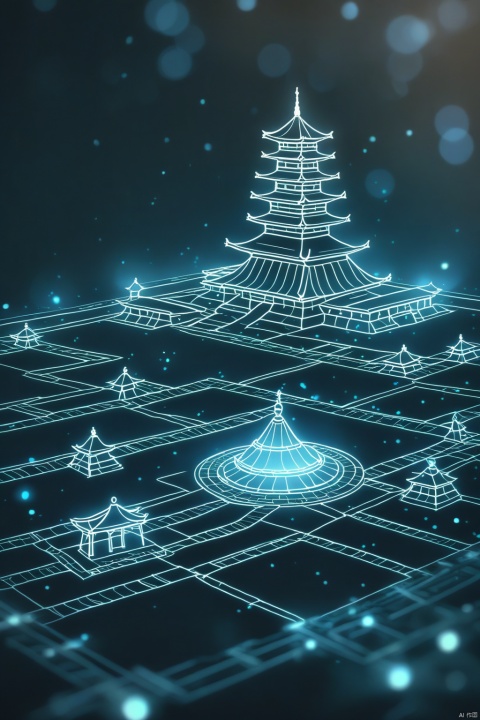 a wireframe hologram of The Terracotta Army with glowing blue lines forming intricate patterns around its iconic structure against an isolated dark background. the design showcases detailed architectural details and features, creating a visually stunning representation of ancient Chinese architecture. this digital artwork is perfect for creative projects that need to convey both historical significance and futuristic technology, in the style of 8k