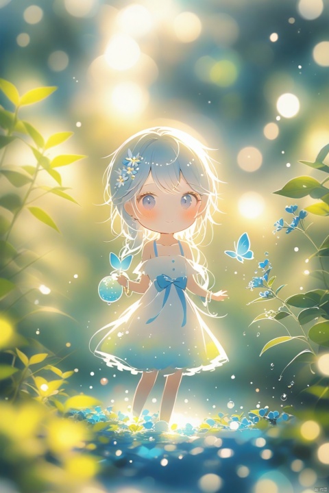  masterpiece,best quality,high quality,(colorful),Artist onineko,1girl,loli,flower,solo,hair ornament,dress,bug,butterfly,blue eyes,hair flower,long hair,holding,looking at viewer,blue flower,white dress,blue butterfly,bare shoulders,food,fruit,hair between eyes,strapless dress,strapless,jewelry,collarbone,white hair,blush,ribbon,standing,plant,closed mouth,bracelet,water drop,blue ribbon,leaf,