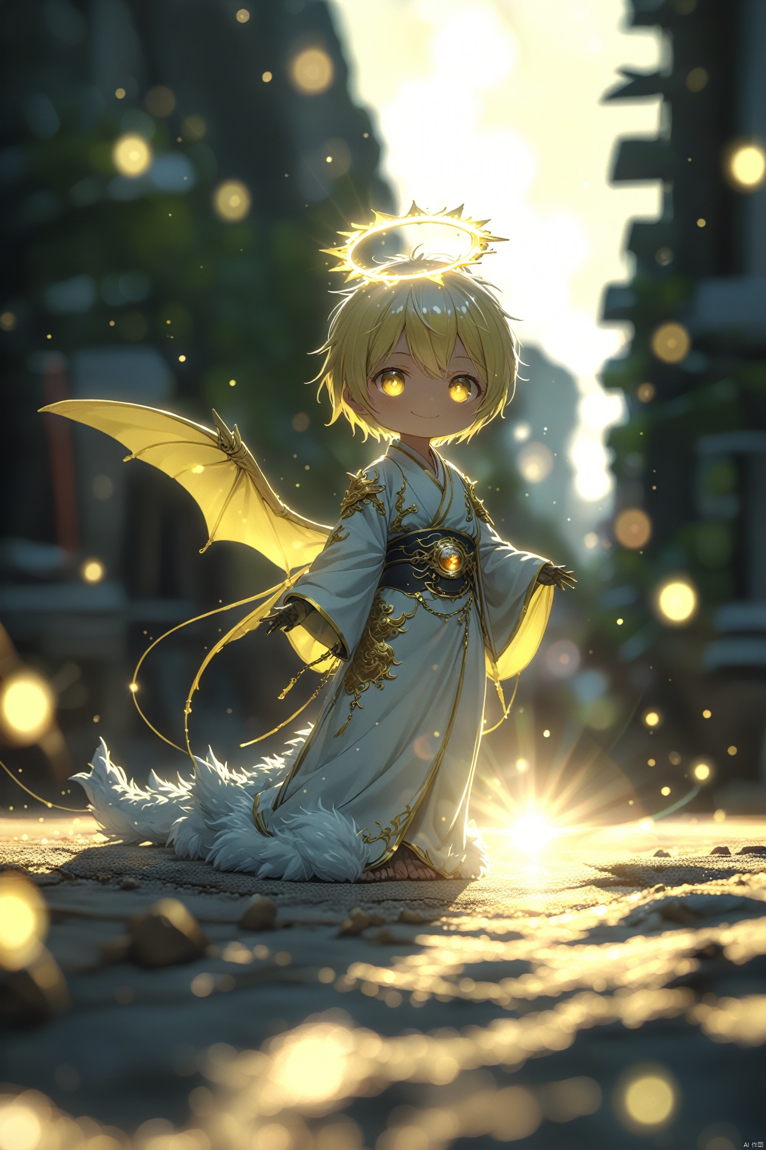  full body,Handsome Chinese dragon, white and gold basedancient Chinese robe, fluffy fur, cute features,A halo floating on the head,,Beautiful mechanical wings,The bustling urban background, front,cinematic lighting, ray tracing, Extreme viewing angle, fisheye lens,UHD, anatomicallycorrect,ccurate, super detail, high details, best quality, 16k, (masterpiece), MSI\(Monon\)