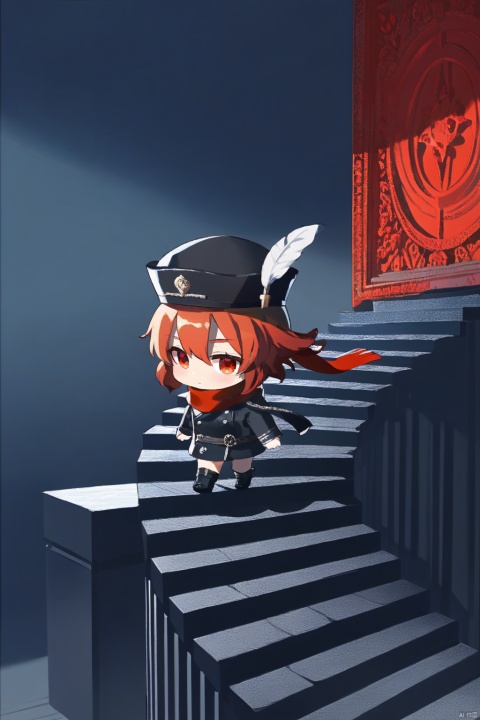 chibi,good background,anime,
Endless Steps, Climbing stairs, CG, (masterpiece),(best quality), 1girl, solo,red hair, black hat, hat feather, red scarf, black jacket,line-art,chibi, hat