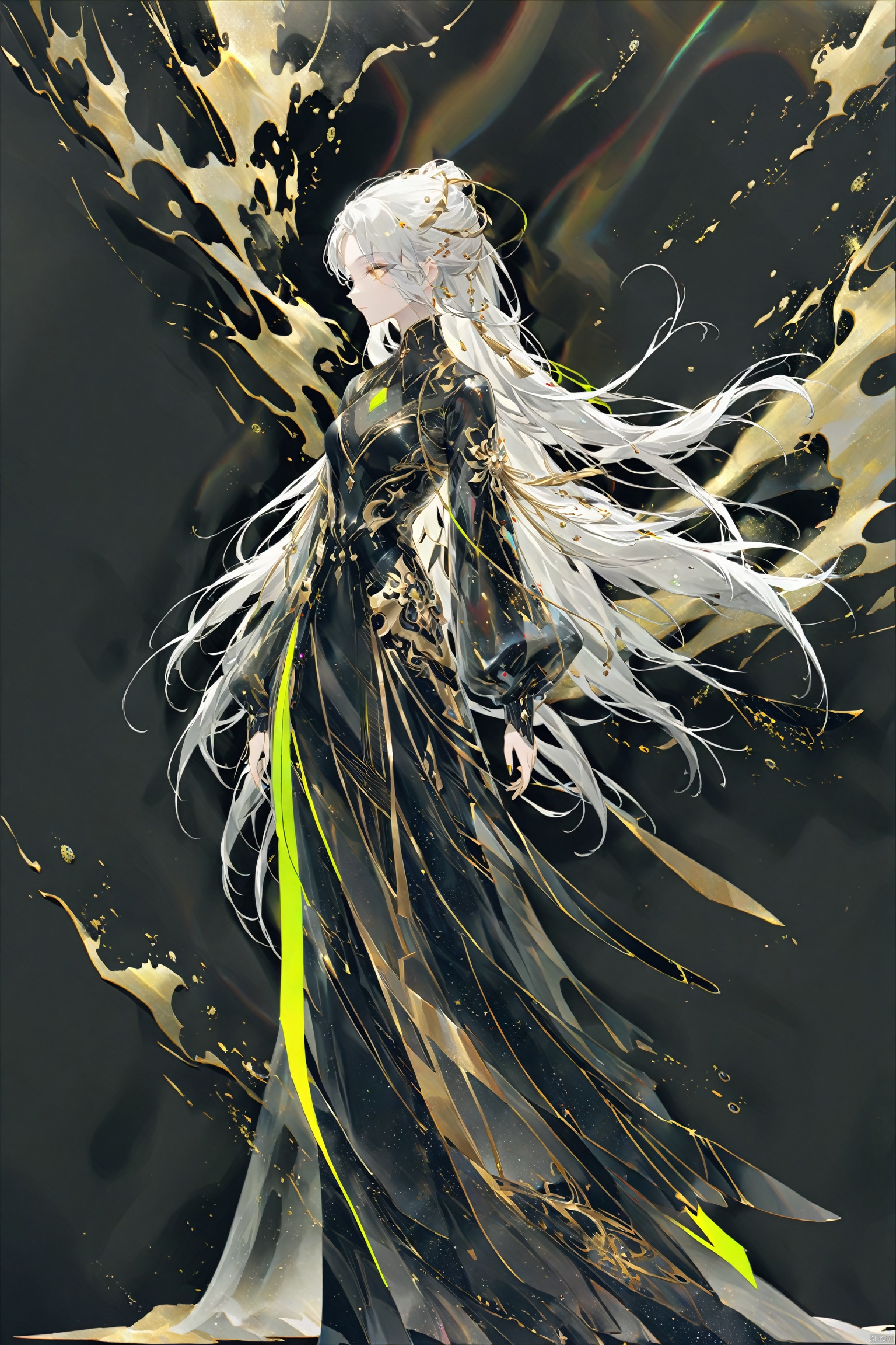 A fashionable woman with white hair, dazzling clothes, beautiful pale face, and a black and gold horse in a semi transparent resin style, futuristic charm, dark black and gold background, color composition, neon bright colors, soft contrast, sculpted clothing, minimalism, full body view