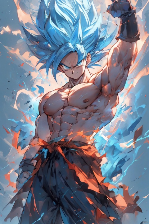  ((best quality)), masterpiece, ((ultra-detailed)), illustration, 8k wallpaper, ((extremely detailed CG unity 8k wallpaper)), (extremely detailed eyes and face), huge filesize, game cg, songoku, 1boy, male focus, solo, super saiyan, muscular, spiked hair, blue hair, torn clothes, muscular male, pectorals, blue eyes, abs, clenched hands, topless male, looking at viewer, pants, closed mouth, aura, nipples, shaded face, smile, serious, electricity, standing
