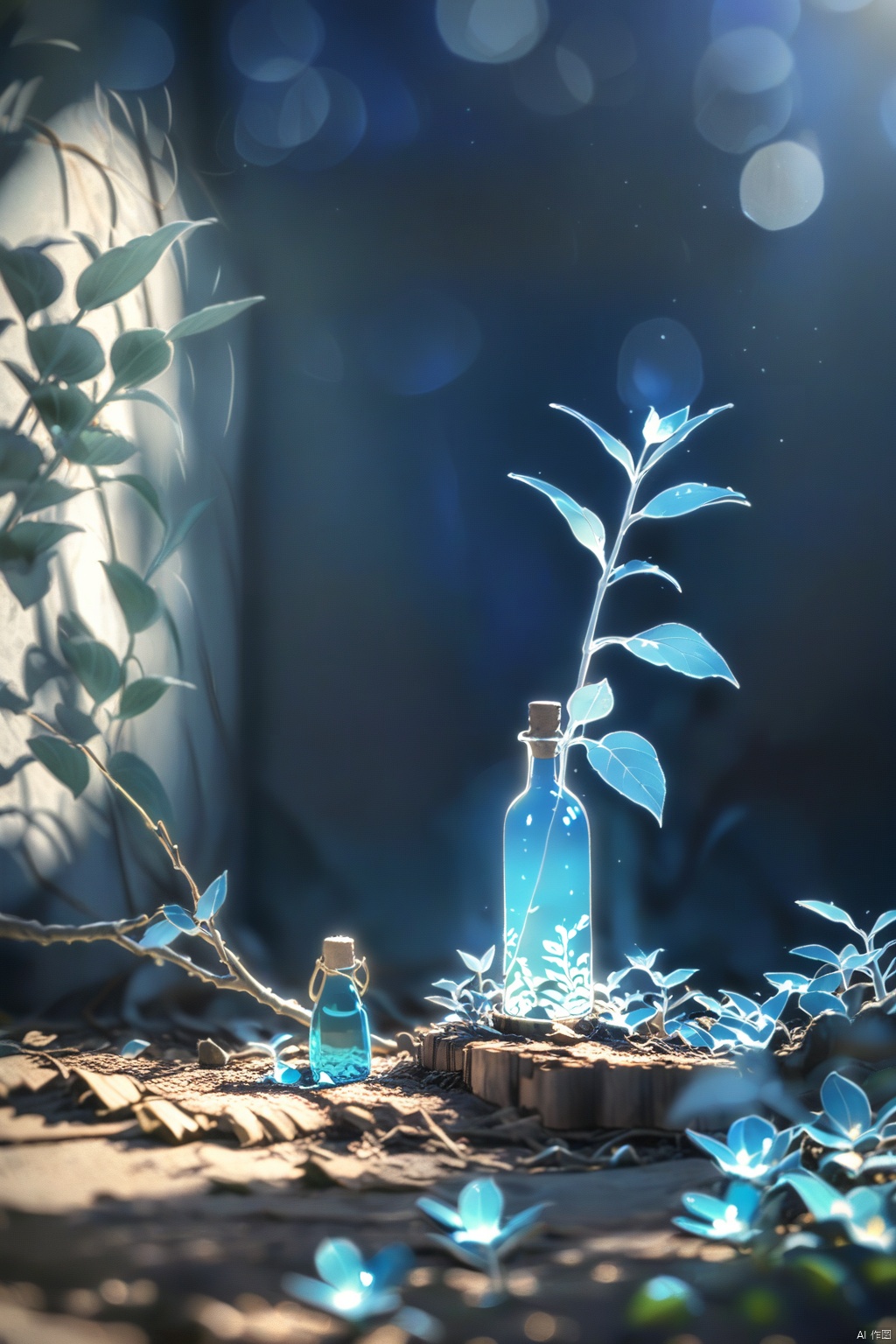  xihuwen, cold color style, blue bottle, front product, bottle placed on wood, wood, flowers, left light, commercial photography, 8K, blue theme, simple branch light and shadow background on the left side, shenhua