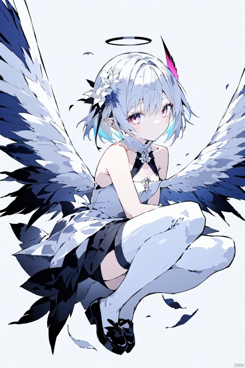 chibi,1girl, alternate_wings, angel, angel_and_devil, angel_wings, asymmetrical_wings, dress, feathered_wings, feathers, flower, full_body, halo, kishin_sagume, large_wings, mini_wings, multicolored_wings, multiple_wings, pegasus, petals, pink_wings, shoes, single_wing, solo, spread_wings, string, string_of_fate, thighhighs, white_dress, white_feathers, white_wings, winged_arms, wings