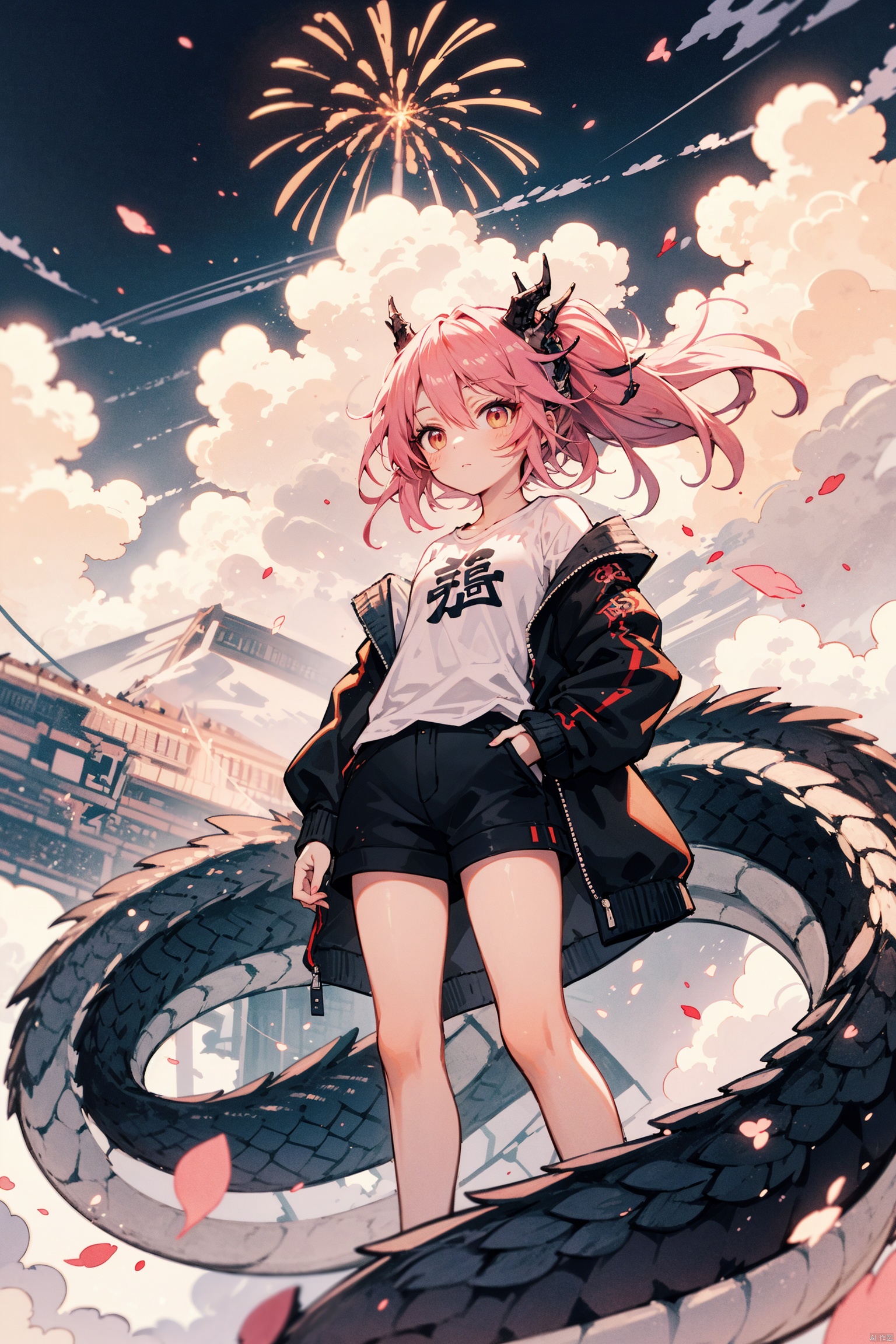  (pink hair),wavy hair,disheveled hair, messy hair, long bangs, hairs between eyes, floating hair,solo,++++loose clothes,(white t-shirt:1.2),(black open jacket:1.2),hands in pockets,loli,petite
, (eastern dragon:1.2), Chinese dragons_ink and wash styles_misty clouds_ancient paintings_flames,cityscape,sky,fireworks,print jacket,thighsm,,from below,chinesedragon,中国龙,机甲,高达