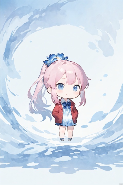 pink hair,  chibi, minimalist style , blue theme,Tie dyeing,tie dyeing style,loli,petite,long hair,red Jacket,high ponytail,collared shirt,hair flower,fipped hair,floating hair,Frown,hands in pockets,dress,bowtie,(solo),smile, solo