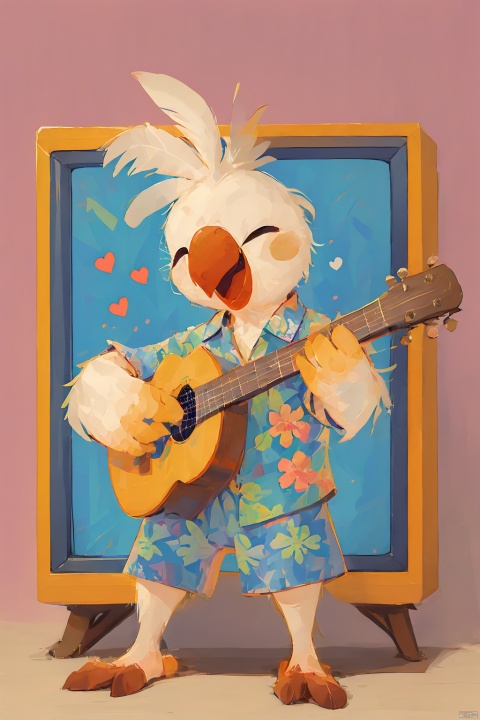  80sDBA style, Cockatiel\(IP\),photo background, tv,masterpiece, best quality, 
solo, smile, open mouth, shirt, holding, closed eyes, flower, short sleeves, heart, no humans, ^ ^, bird, floral print, happy, instrument,music, guitar, playing instrument, hawaiian shirt, acoustic guitar,