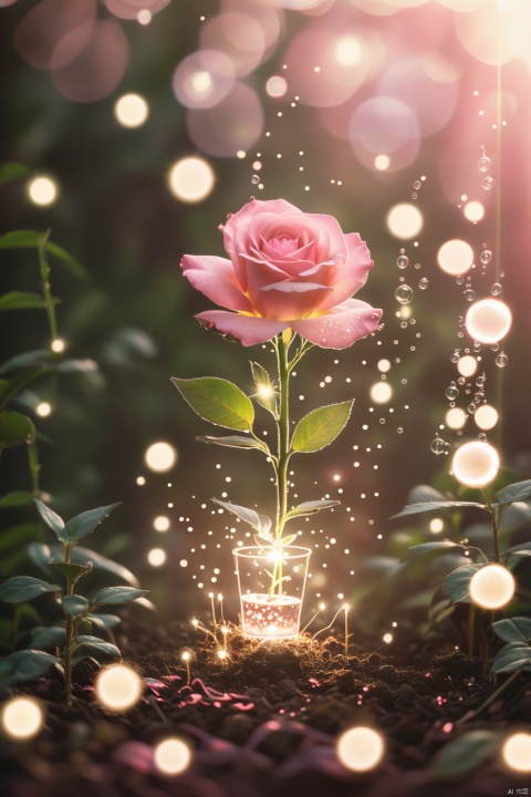 A dreamy scene with a large and beautiful pink rose at the center, surrounded by elegant butterflies and bubbles. The image exudes a peaceful and mysterious atmosphere, using gentle tones and lighting effects,high quality, 32k HD