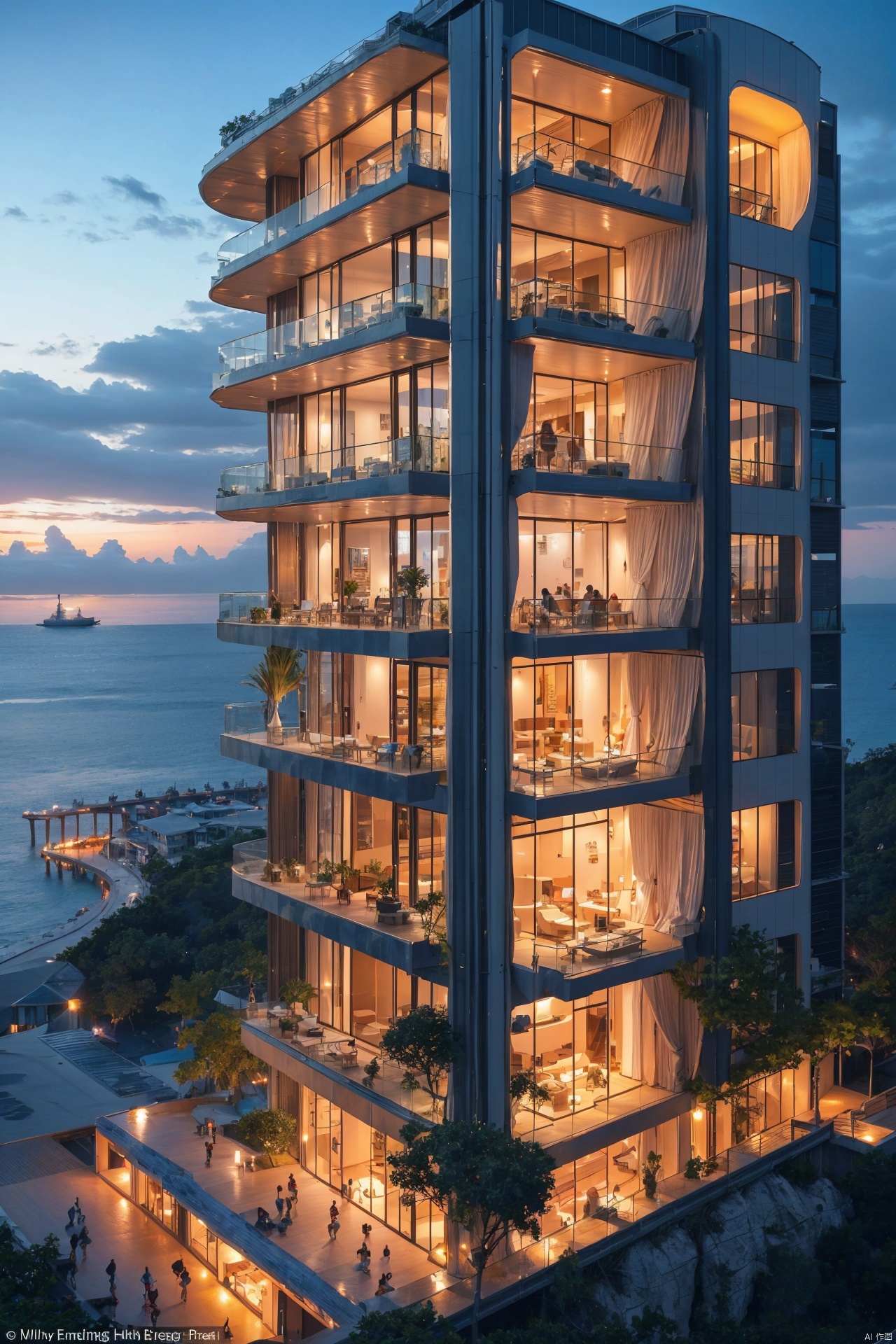 A futuristic seaside city at sunset, blending modernity with nature, with floating buildings and glass curtain walls reflecting the evening glow, where people leisurely stroll on the beach. A tropical seaside city, with white sands, azure seas, and lush greenery, featuring an eco-friendly high-tech residential area powered by sustainable energy.