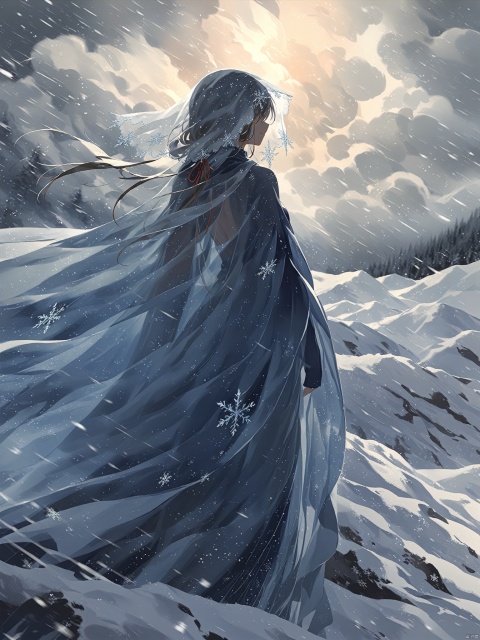 Amidst a raging blizzard, a solitary figure stands resilient in a snow-covered field, viewed from behind. The girl's silhouette is barely discernible through the thick veil of swirling snowflakes. Despite the intensity of the storm, there's an aura of serenity and strength emanating from her presence, as she stands amidst the chaotic beauty of the blizzard's embrace. The field of view captures the vastness of the wintry landscape, emphasizing the girl's solitary stance against the elements, more_details:-1, more_details:0, more_details:0.5, more_details:1, more_details:1.5
