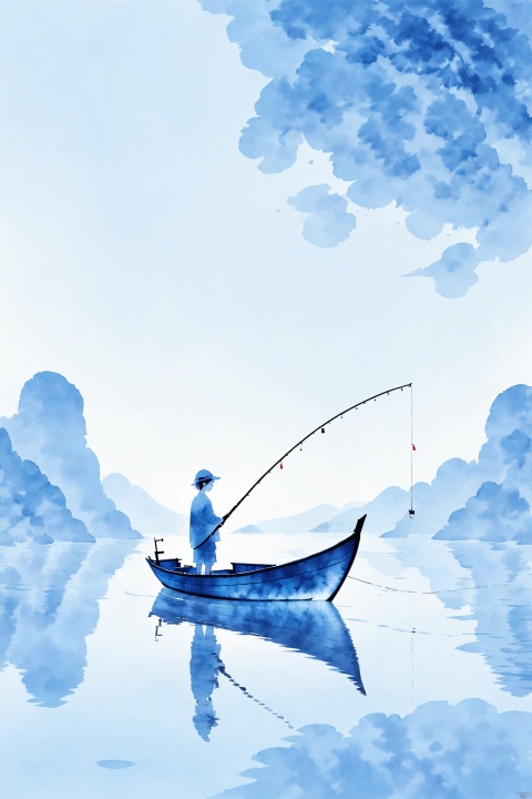  blue theme,Tie dyeing,Lonely boat,fishing,Minimalist style with plenty of white space