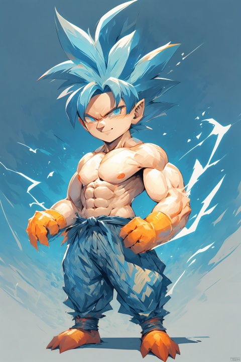  ((best quality)), masterpiece, ((ultra-detailed)), illustration, 8k wallpaper, ((extremely detailed CG unity 8k wallpaper)), (extremely detailed eyes and face), huge filesize, game cg, songoku, 1boy, male focus, solo, super saiyan, muscular, spiked hair, blue hair, torn clothes, muscular male, pectorals, blue eyes, abs, clenched hands, topless male, looking at viewer, pants, closed mouth, aura, nipples, shaded face, smile, serious, electricity, standing, Giant God Fear, Cockatiel\(IP\)