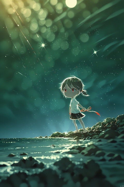  1 girl, knight, (HDR: 1.4), high contrast, low saturation, white short-sleeved shirt, black mini skirt, short hair, single ponytail, hair tied with a red ribbon, color block background, whole body, soft clothing texture, eyes looking at viewer, horizontal, lake, moonlight, bare feet, elegance, shooting star, starlight, red ribbon fluttering in the wind, sword,foreground
负向提示, MSI\(Monon\)