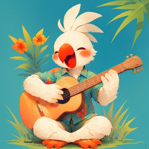  Cockatiel\(IP\), masterpiece, best quality, 
solo, smile, open mouth, shirt, holding, sitting, full body, closed eyes, flower, short sleeves, heart, no humans, ^ ^, bird, floral print, happy,red flower, instrument,music, guitar, playing instrument, green background, hawaiian shirt, acoustic guitar