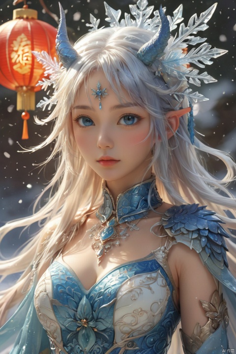  ((best quality)), ((masterpiece)), ((ultra-detailed)), extremely detailed CG, (illustration), ((detailed light)), (an extremely delicate and beautiful), a girl, solo, ((upper body,)), ((cute face)), expressionless, (beautiful detailed eyes), full breasts, (medium breasts:1.2), blue dragon eyes, (Vertical pupil:1.2), white hair, shiny hair, colored inner hair, [Armor_dress], blue_hair ornament, ice adorns hair,depth of field, [ice crystal], (snowflake), dofas, tqj-hd, chinese new year