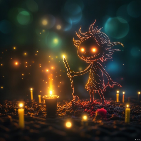  children-drawing of an terrifying demon, candles, in a dark room, explosion of liquid splash darkness, highly detailed, fantasy background, smoke, rainbow, devil, hell, disturbing