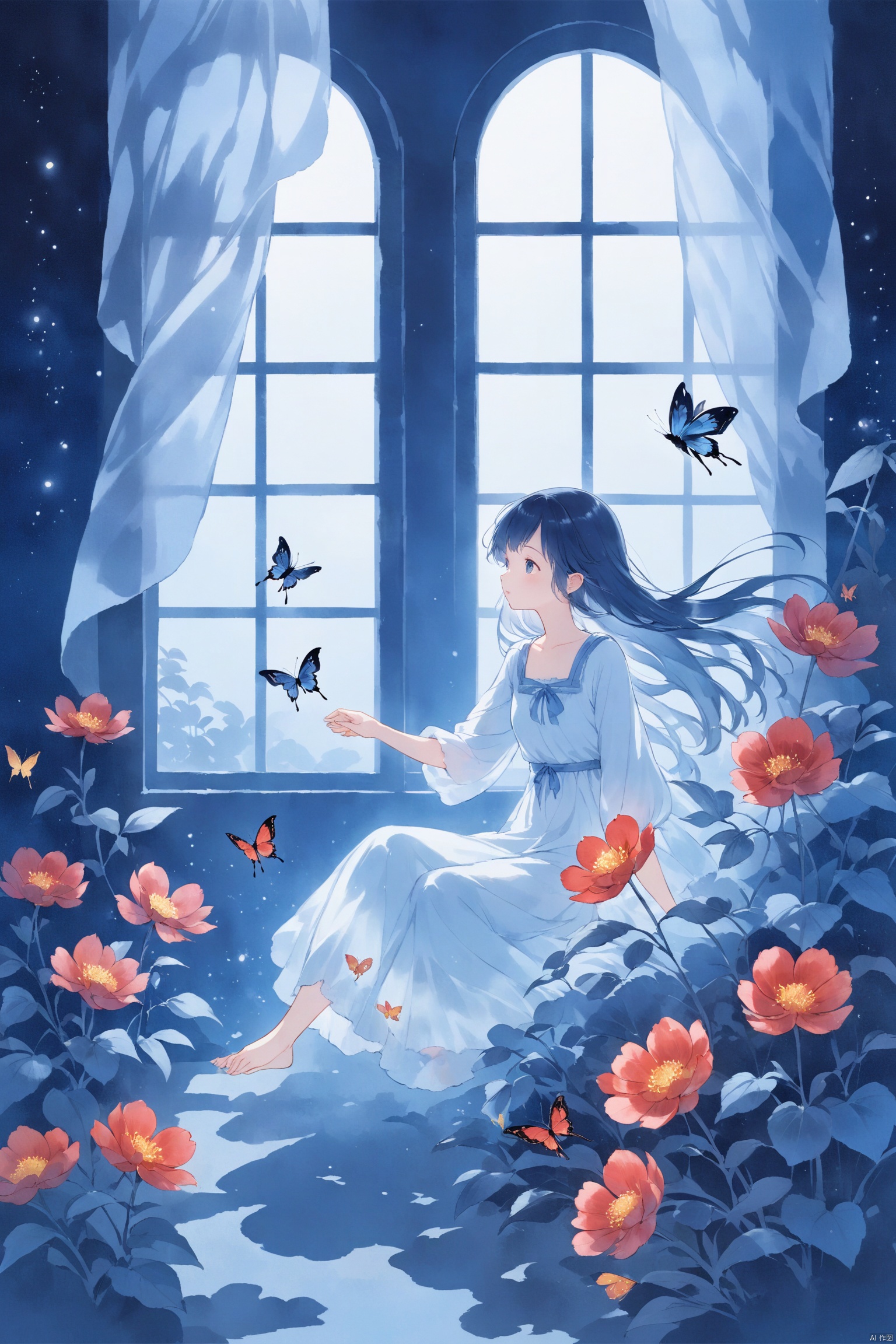 A fairy with wings, sitting on the edge of an open window next to flowers and plants in different colors. The background is a white curtain blowing gently in the style of a strong wind. In front there's another figure wearing red , holding up his hand as if showing something to him. A colorful butterfly flies around them. This scene has soft lighting and a dreamy atmosphere, reminiscent of whimsical children book illustrations or storybook pages. at night