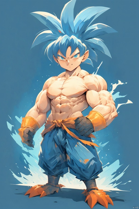  ((best quality)), masterpiece, ((ultra-detailed)), illustration, 8k wallpaper, ((extremely detailed CG unity 8k wallpaper)), (extremely detailed eyes and face), huge filesize, game cg, songoku, 1boy, male focus, solo, super saiyan, muscular, spiked hair, blue hair, torn clothes, muscular male, pectorals, blue eyes, abs, clenched hands, topless male, looking at viewer, pants, closed mouth, aura, nipples, shaded face, smile, serious, electricity, standing, Giant God Fear, Cockatiel\(IP\)