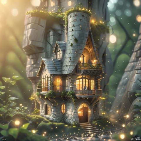  House built with trees, presence, so many elves ((best quality)), ((intricate details)),((surrealism))(8k), Rock buildings
